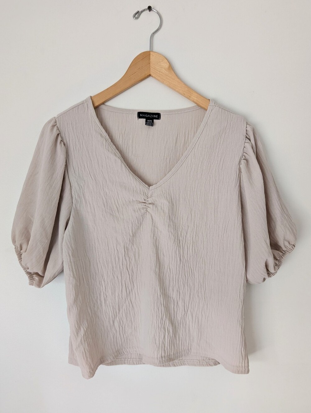 Ruched Puffed Sleeve Taupe Shirt Size M